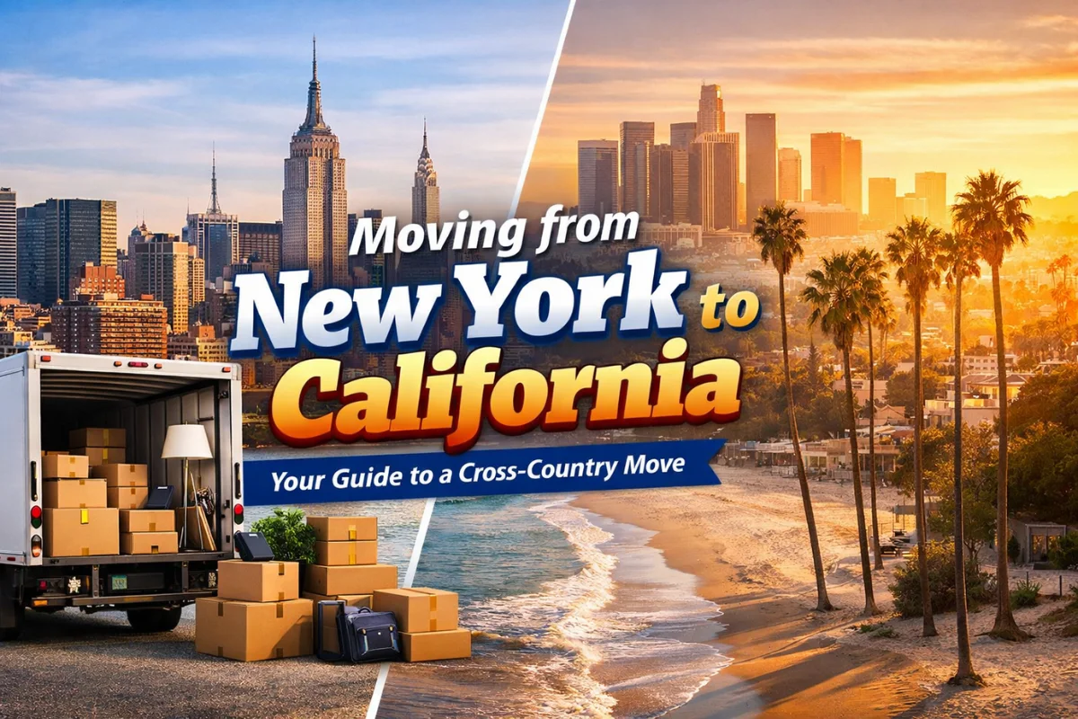 Moving from New York to California guide showing a cross-country relocation concept with a moving truck, New York skyline, and California beach.