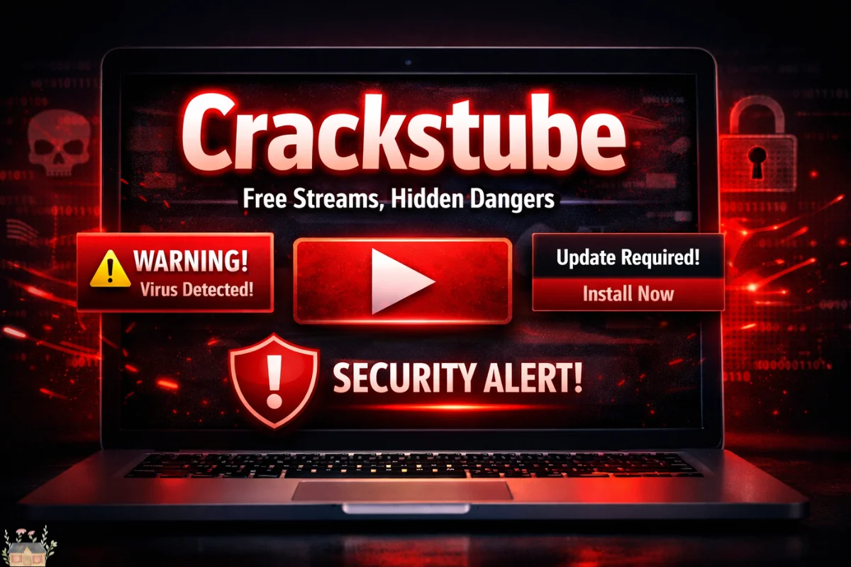 Crackstube streaming site warning showing malware risks and security alert on laptop screen