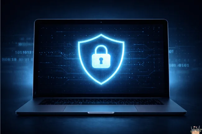 Novafork privacy-focused streaming concept showing a secure laptop with shield and lock symbol.