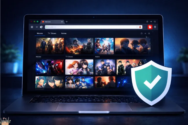 Laptop displaying a secure streaming setup with browser protection and ad-blocker enabled.
