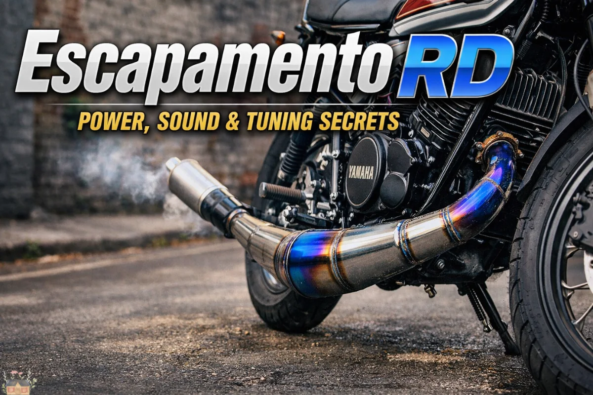 Escapamento RD expansion chamber on Yamaha RD motorcycle with blue heat-tinted performance exhaust.