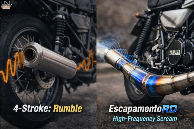 Escapamento RD expansion chamber compared to 4-stroke muffler showing high-frequency sound wave difference.