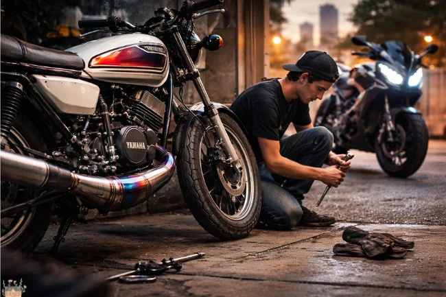 Young rider tuning a vintage Yamaha RD two-stroke motorcycle with a heat-tinted expansion chamber beside a modern electric bike.