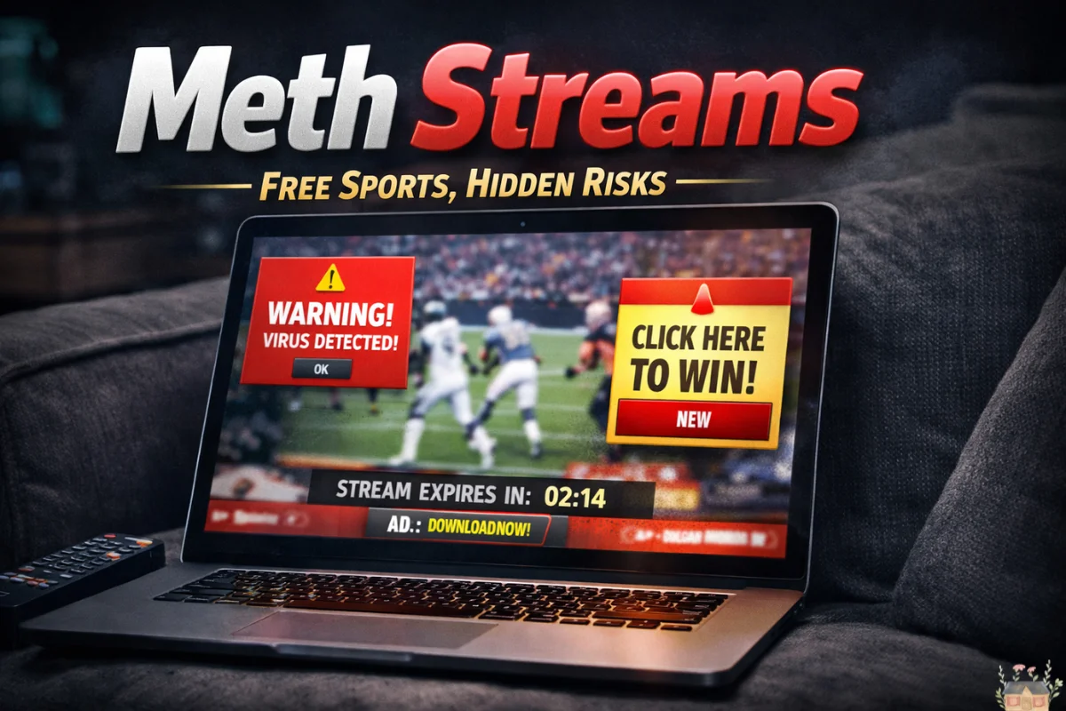 Meth Streams displayed on a laptop streaming a blurry football game with pop-up ads and virus warning messages.