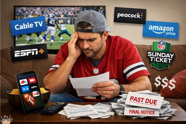 Frustrated NFL fan reviewing bills while juggling multiple streaming subscriptions, highlighting the cost issues behind Meth Streams.