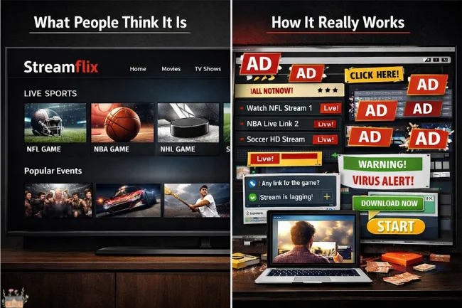 Meth Streams comparison showing a clean streaming interface vs an ad-heavy unauthorized sports streaming site.