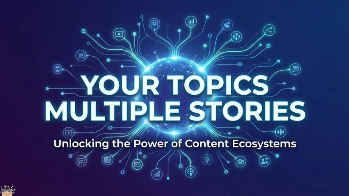 A professional digital infographic representing the concept of Your Topics Multiple Stories, featuring a central glowing globe connected to various content icons like video, audio, and text via neon circuits.