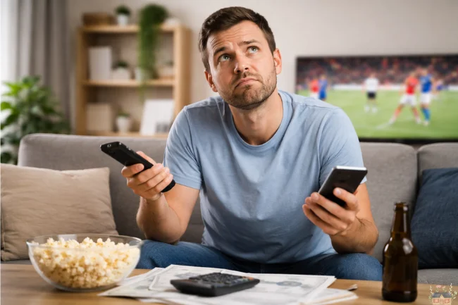 Sports fan sitting on a couch holding a remote and smartphone, looking concerned while bills and a calculator sit on the table during a live game.