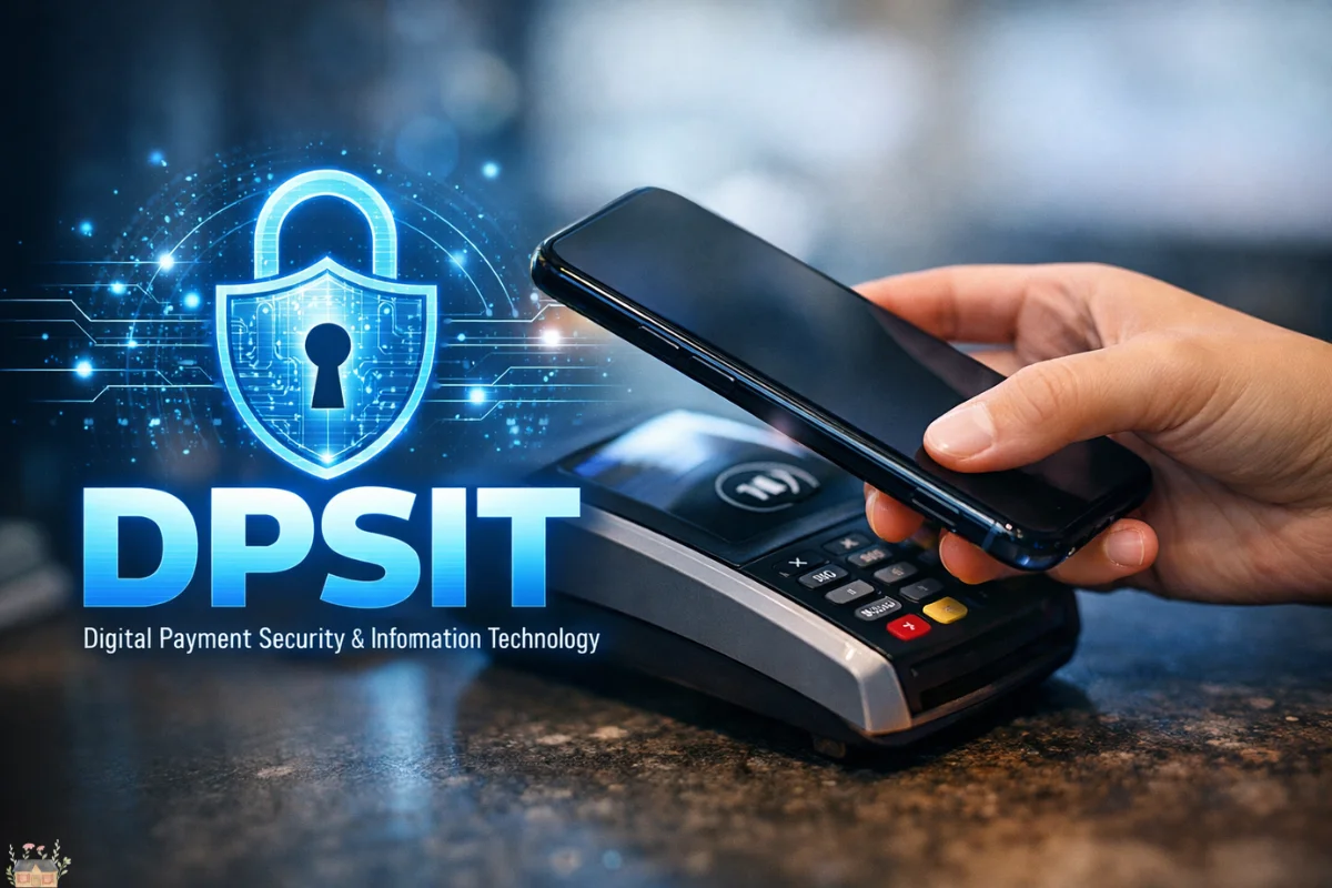 DPSIT digital payment security concept showing smartphone tap-to-pay with secure lock and POS terminal