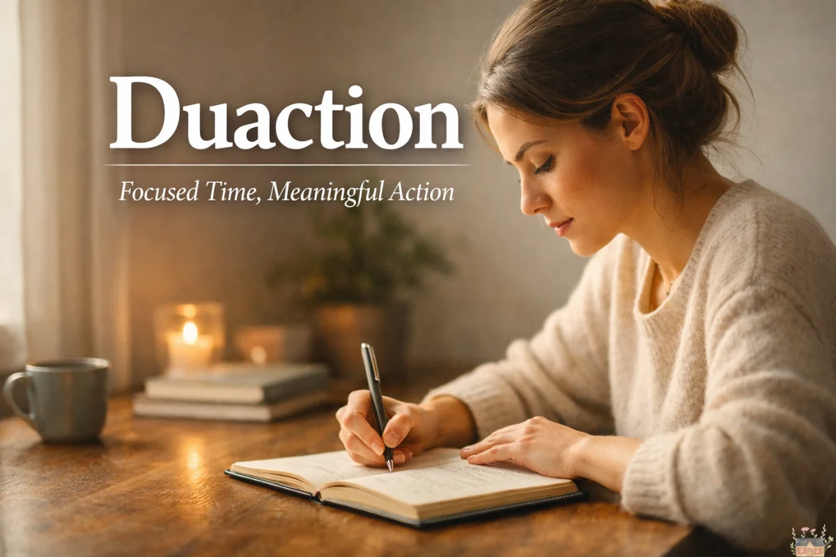 Duaction concept showing a person deeply focused on writing, representing focused time and meaningful action.