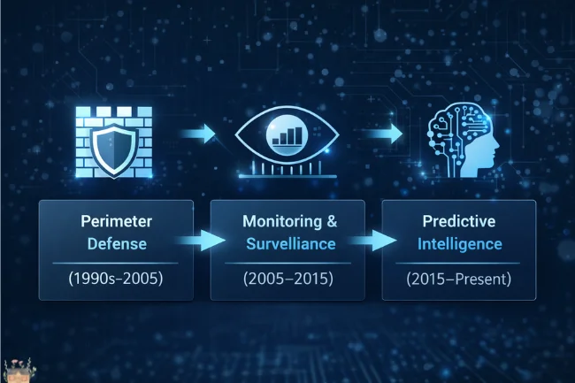 DPSIT evolution timeline showing perimeter defense, monitoring, and predictive intelligence phases