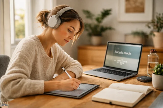 Duaction concept showing a person focused on a tablet and laptop, practicing deep, sustained attention.