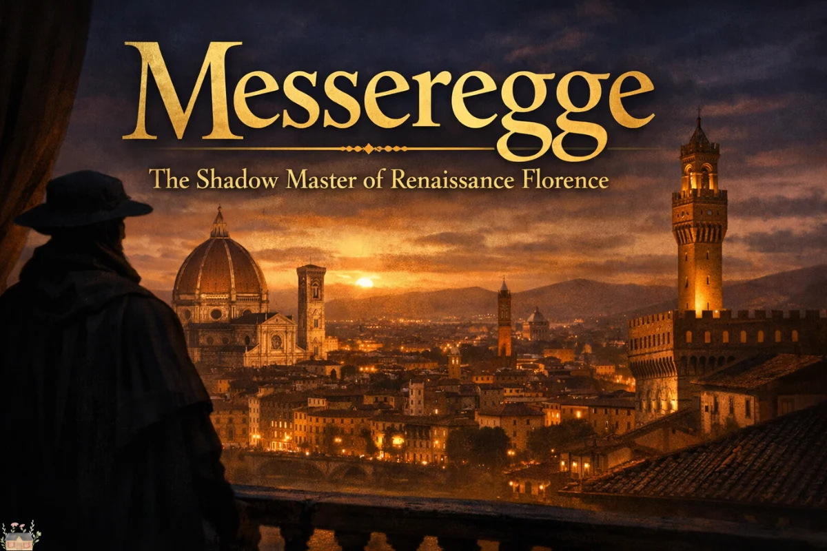 Messeregge overlooking Renaissance Florence skyline at sunset, symbolizing hidden political power