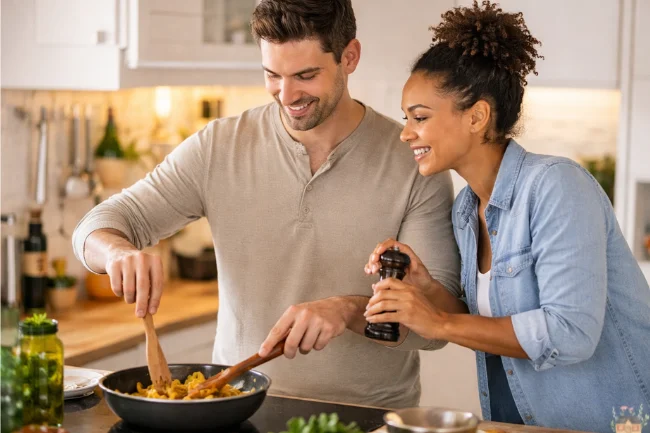 Couple cooking together in kitchen showing Wifekivers through shared care and equal partnership.