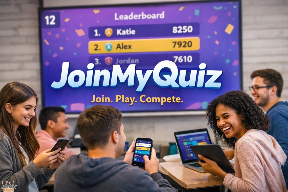 Students playing a live interactive quiz on mobile devices with JoinMyQuiz displayed on a classroom leaderboard screen.