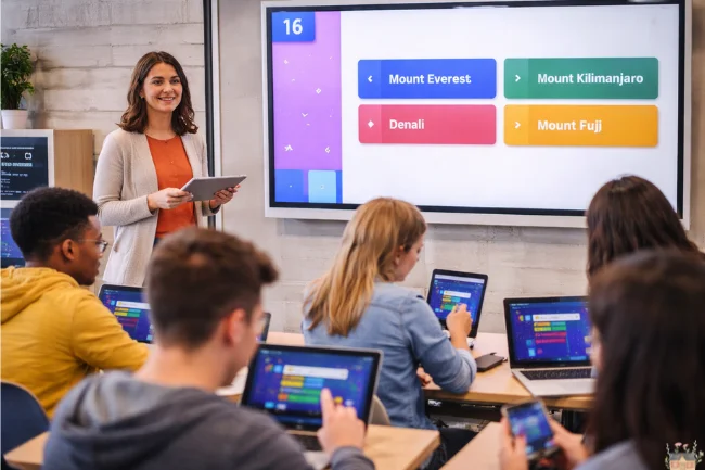 Teacher leading a classroom quiz session using JoinMyQuiz on an interactive screen while students participate on laptops and tablets.