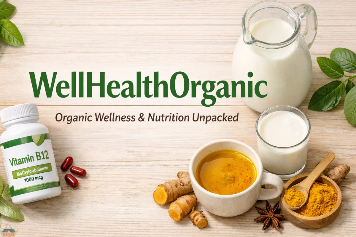 WellHealthOrganic organic wellness products including vitamin B12 supplement, buffalo milk, and turmeric tea on wooden background.