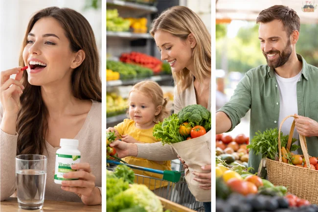 WellHealthOrganic lifestyle image showing supplement use, organic grocery shopping, and sustainable food choices.