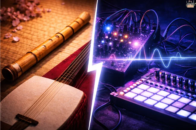 Jyokyo signature sound concept showing traditional Japanese instruments fused with modern electronic synthesizers.