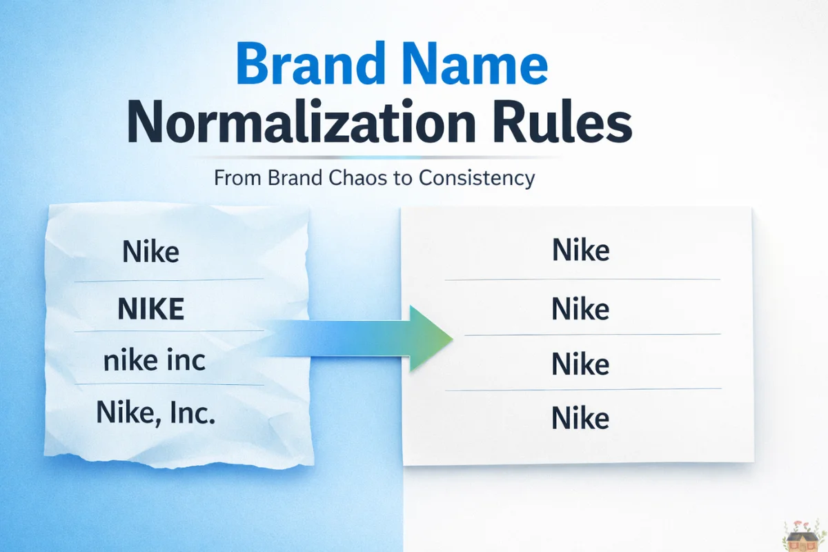 Brand name normalization rules illustration showing messy brand variations standardized into a single consistent format.
