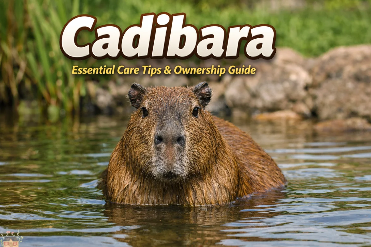 Cadibara partially submerged in a calm pond with natural greenery, featured in a care and ownership guide.