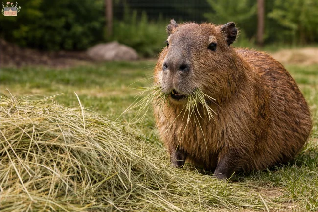 Cadibara eating fresh grass hay outdoors as part of a proper high-fiber diet.