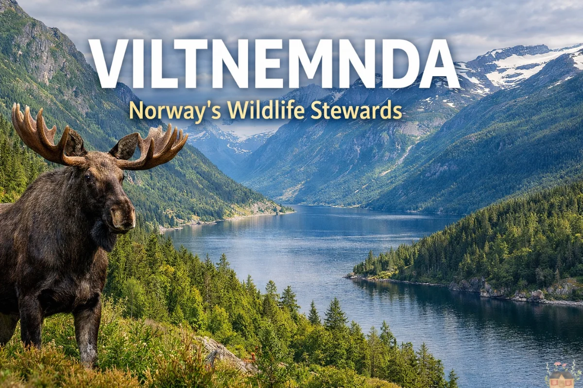 Viltnemnda wildlife management in Norway featuring a moose overlooking a fjord landscape.