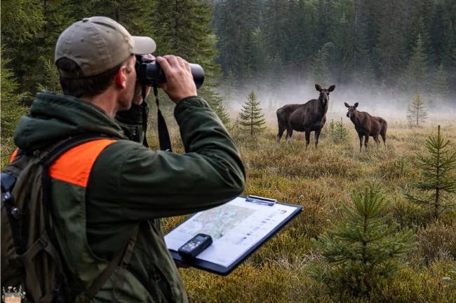 Viltnemnda wildlife monitoring team observing moose during population assessment in Norway.