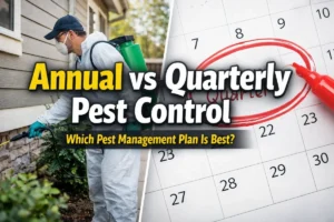 Annual vs Quarterly Pest Control comparison showing technician spraying home exterior beside a marked quarterly calendar schedule
