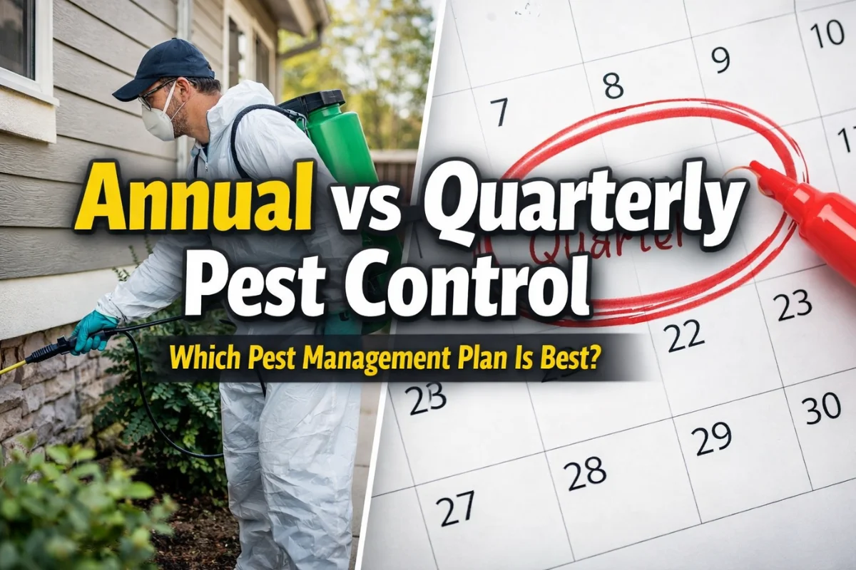 Annual vs Quarterly Pest Control comparison showing technician spraying home exterior beside a marked quarterly calendar schedule