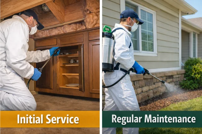 Technician spraying kitchen cabinet interior and applying exterior perimeter treatment on a residential property.
