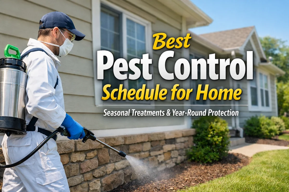 Best Pest Control Schedule for Home concept showing a professional technician spraying the exterior perimeter of a residential house for seasonal pest prevention.