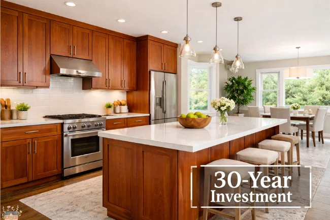 Bright luxury kitchen with rich reddish-brown cabinetry, white quartz island, and modern stainless steel appliances.