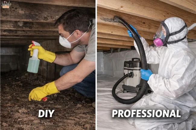 Crawl Space Mold Cleaning comparison showing DIY homeowner versus professional mold remediation service