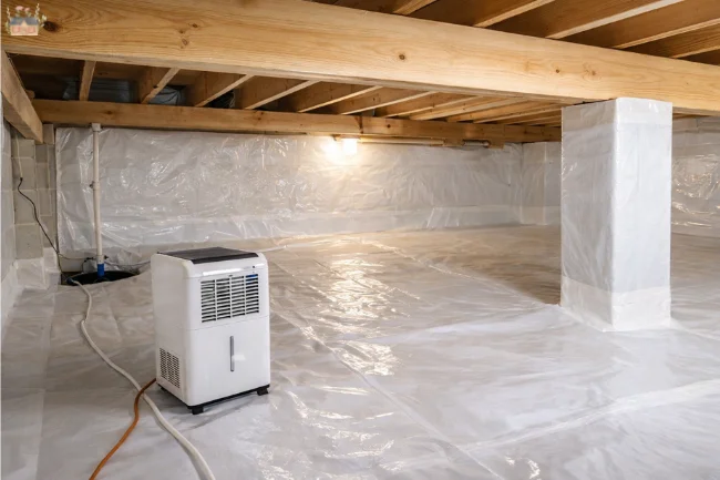 Encapsulated foundation with sealed ground liner and dehumidifier