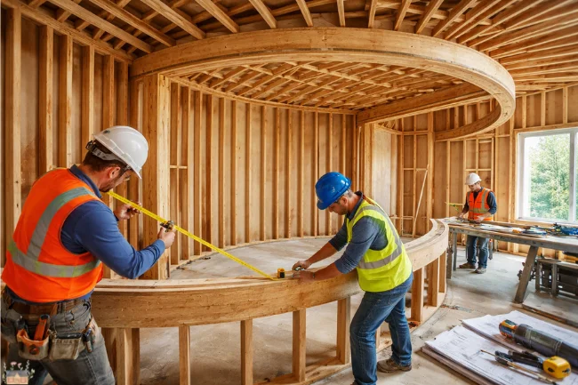 Construction workers measuring and installing a curved wooden wall.