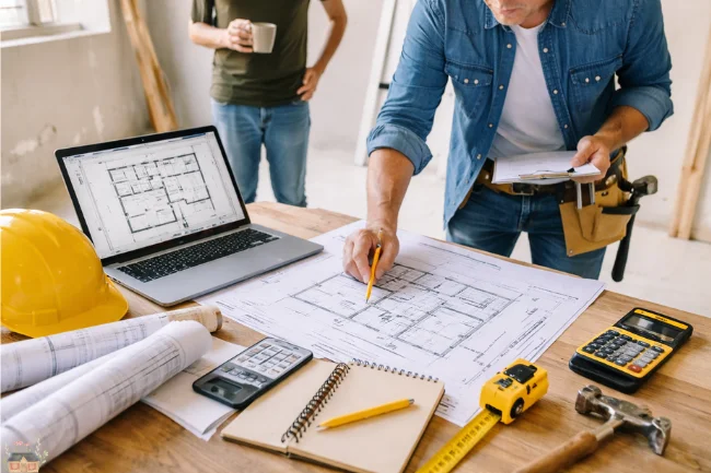 Renovation planning scene with contractor reviewing blueprints on table, laptop displaying floor plan, tools and hard hat in unfinished home interior.