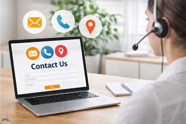 Contact Us page on laptop screen with email, phone and location icons and customer support agent wearing headset in office setting.