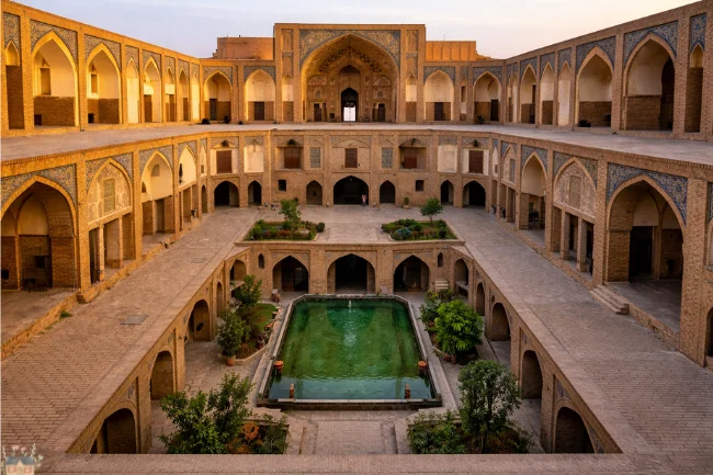 How is the Agha Bozorg Mosque Architecture? A high-angle view of the sunken courtyard showing the multi-level design and central pool in Kashan.