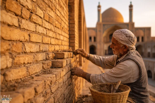 Elderly craftsman repairing traditional clay brick wall in Kashan mosque