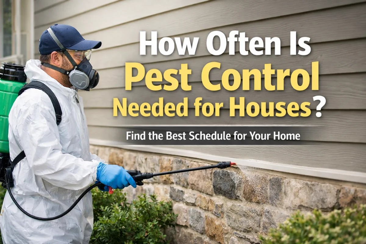How Often Is Pest Control Needed for Houses? featured image showing pest control technician spraying home exterior with prevention schedule text overlay
