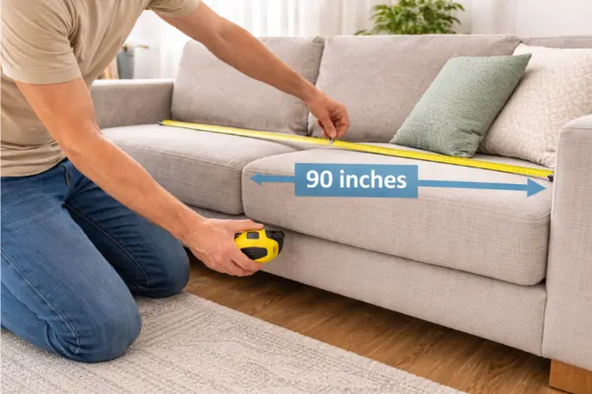 Person measuring the dimensions of a sofa in a well-lit living room.