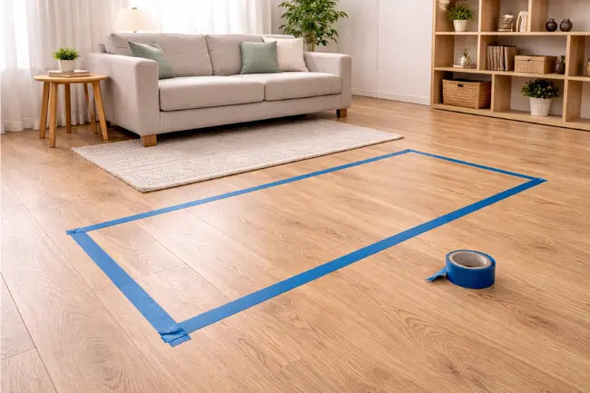 Blue painter’s tape outlining the dimensions of a sofa on the floor in a bright living room, with a sofa and side table in the background.