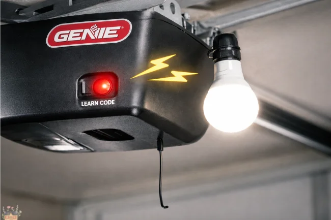 How to Sync Garage Door Opener Genie – close-up of Genie motor unit showing Learn Code button and LED bulb interference example