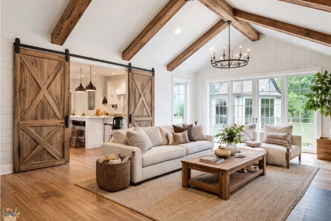 Modern farmhouse interior showing sliding barn doors, exposed wooden rafters, and board-and-batten siding in a bright living room.
