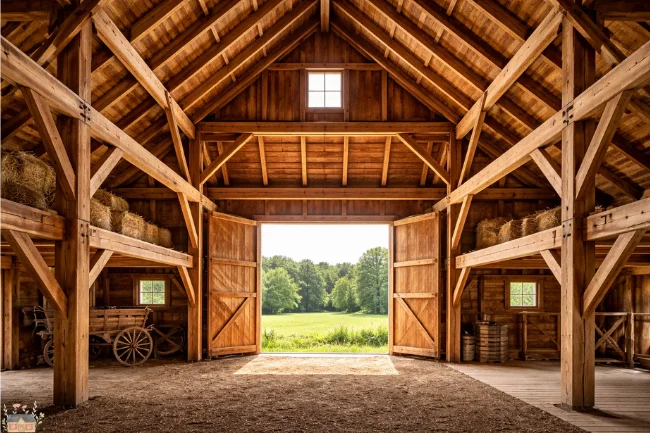 Interior of a traditional timber-frame barn showing exposed wooden beams, mortise-and-tenon joints, and open double doors.