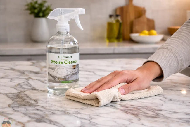Cleaning marble countertop with pH-neutral stone cleaner and soft cloth
