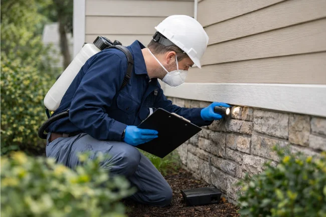 Pest control technician inspecting home foundation with flashlight and clipboard as part of Integrated Pest Management.