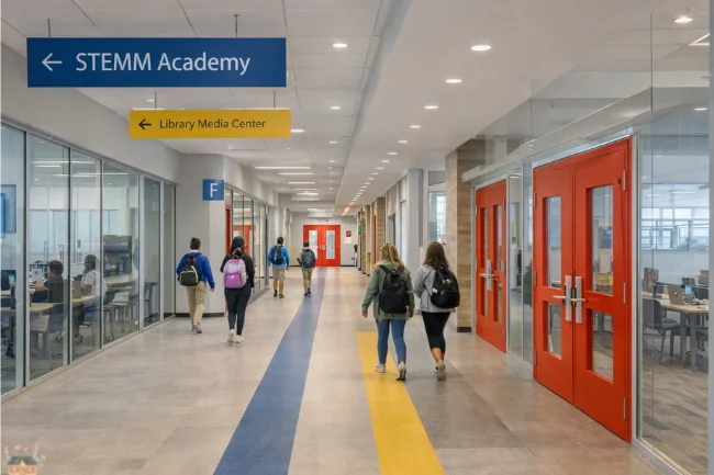 Bright school hallway with red doors, color-coded zones, and students walking through open corridors
