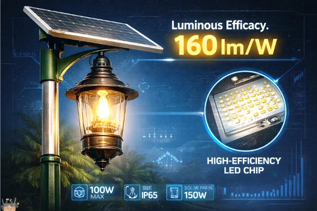 Close-up of solar-powered street lamp with LED chips and technical specifications.